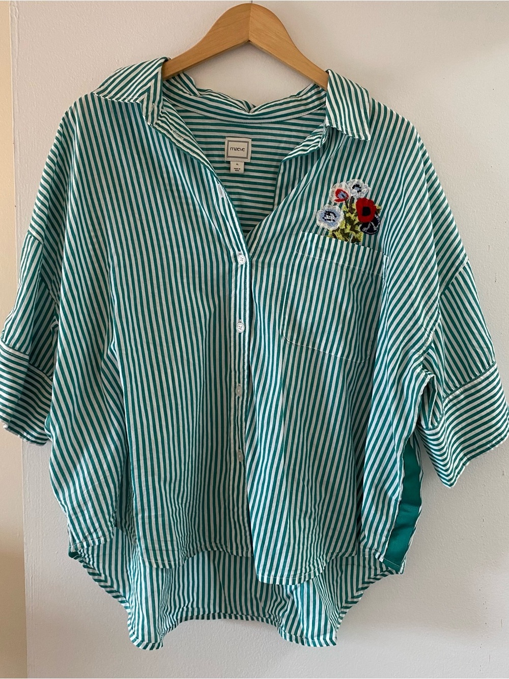 Maeve Green Stripe Embroidered Pocket Button-Up Shirt - Picture 1 of 5